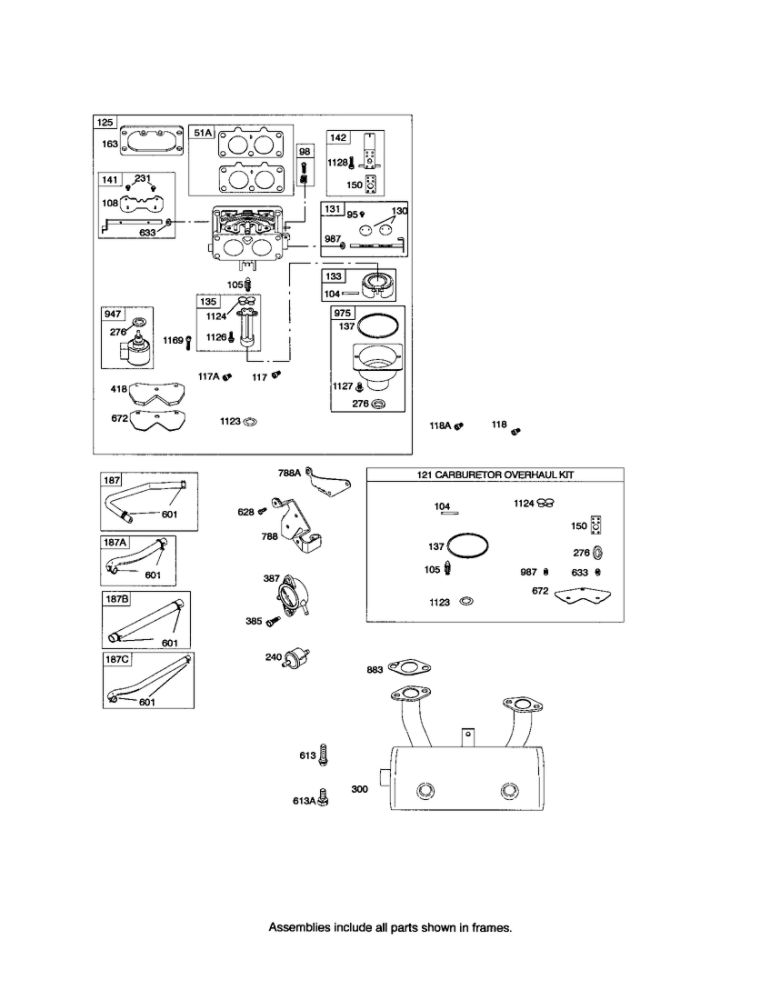 Carburetor/Muffler Diagram and Parts List for 44P700 0016-0884 Briggs and Stratton Engine